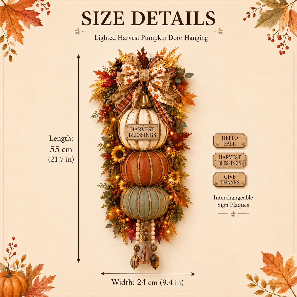 🏡🎃Lighted Stacked Pumpkin Door Decor – 3 Interchangeable Fall Signs
