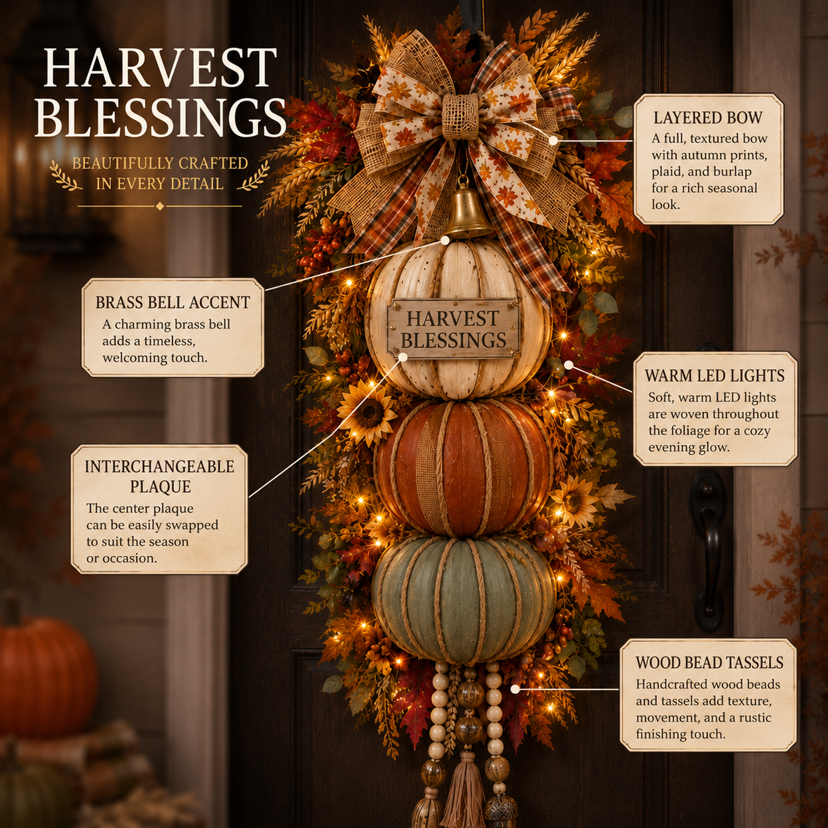 🏡🎃Lighted Stacked Pumpkin Door Decor – 3 Interchangeable Fall Signs