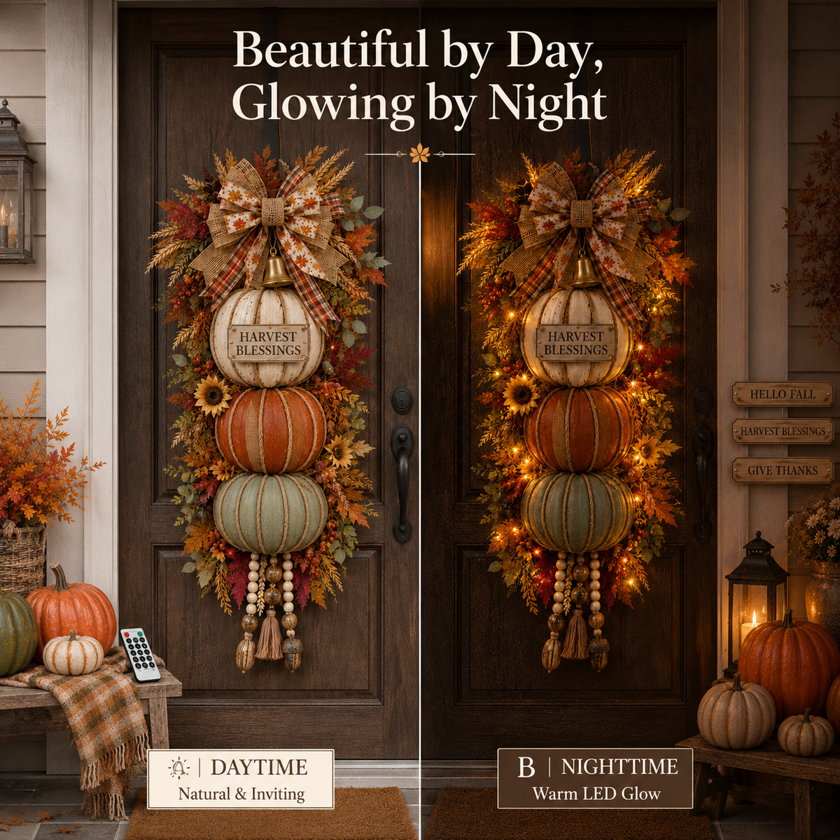 🏡🎃Lighted Stacked Pumpkin Door Decor – 3 Interchangeable Fall Signs