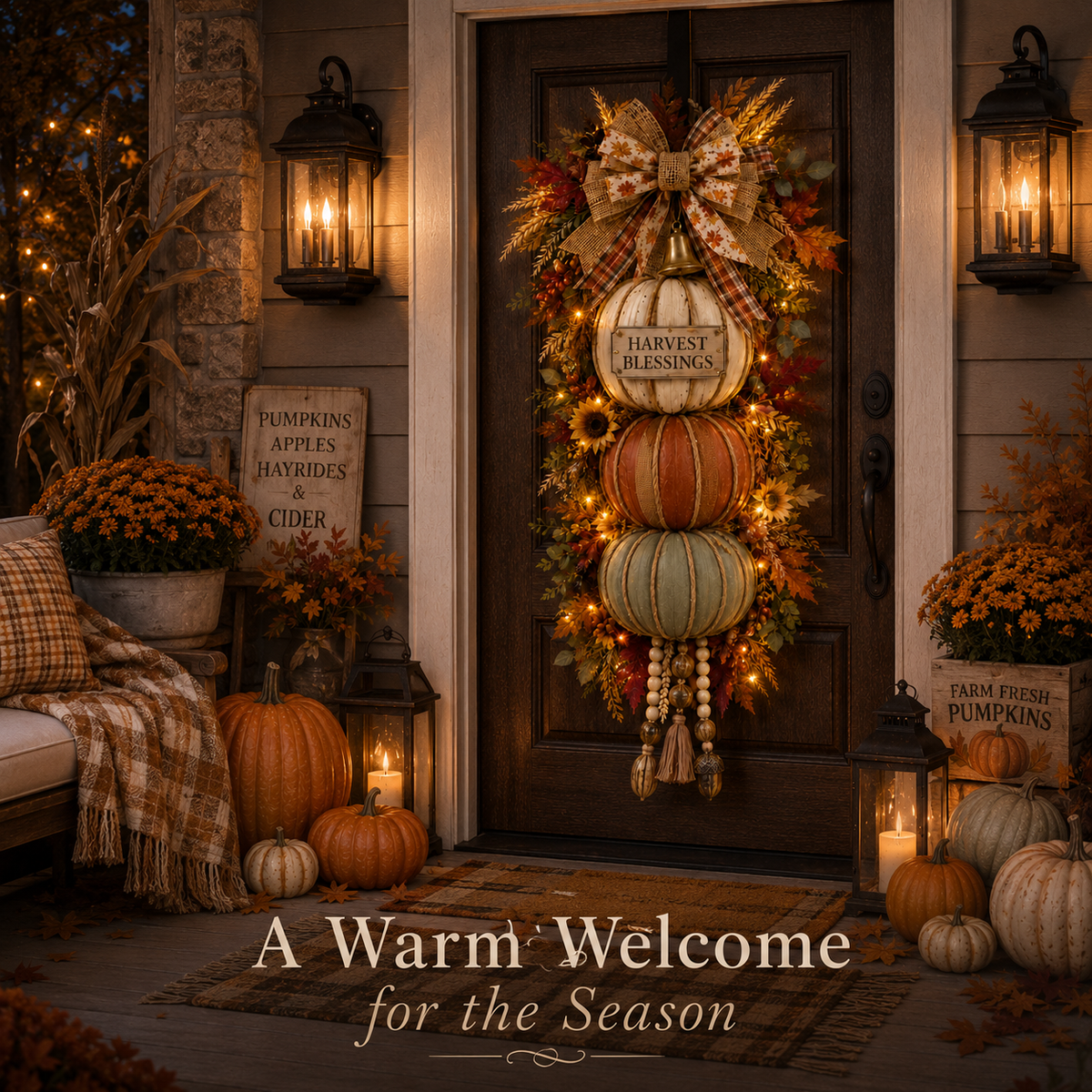 🏡🎃Lighted Stacked Pumpkin Door Decor – 3 Interchangeable Fall Signs