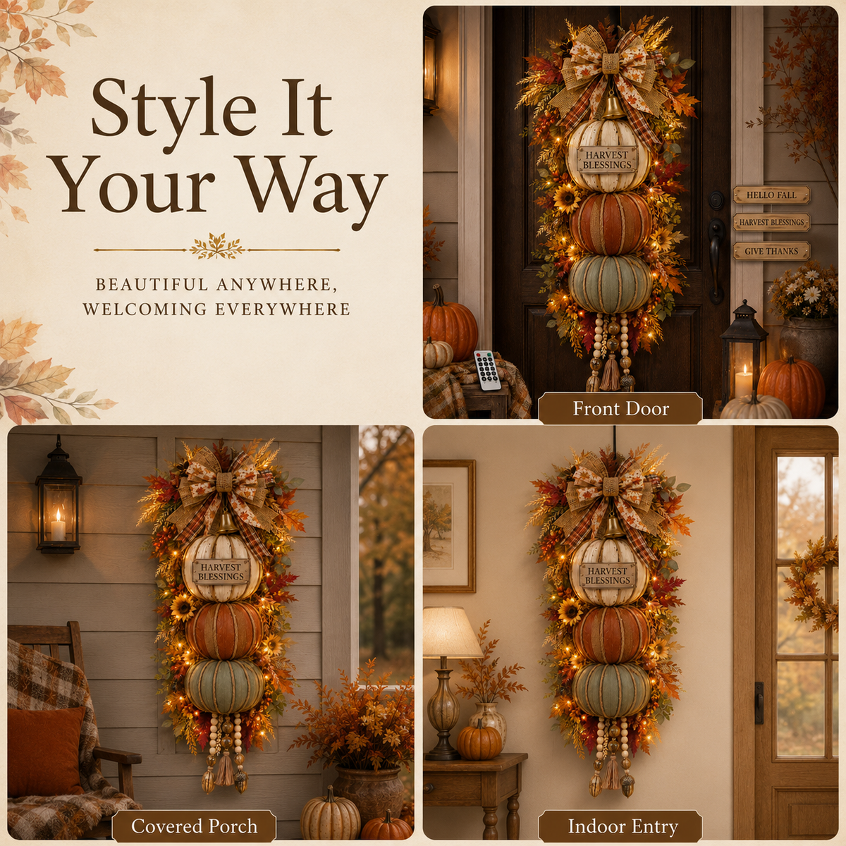 🏡🎃Lighted Stacked Pumpkin Door Decor – 3 Interchangeable Fall Signs
