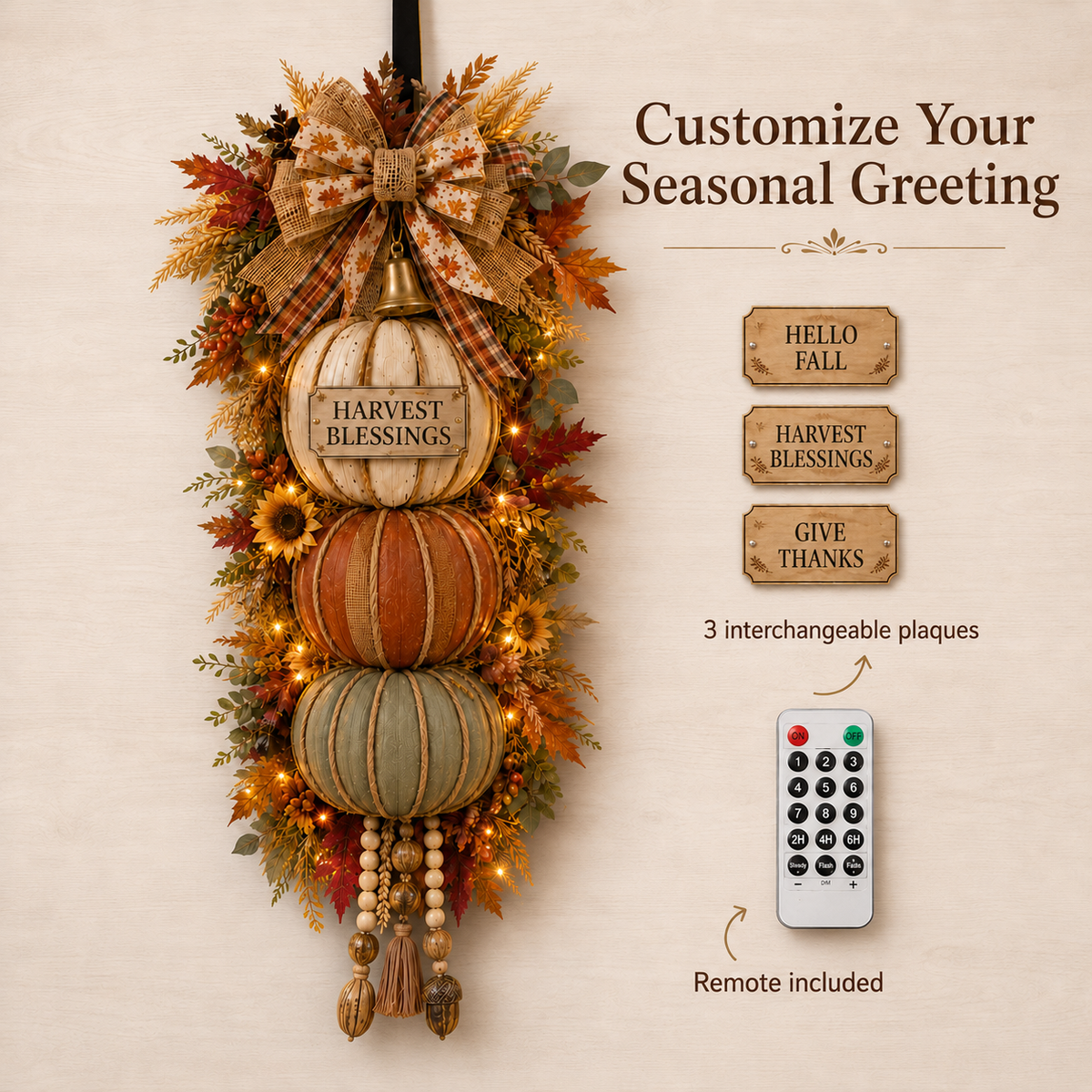 🏡🎃Lighted Stacked Pumpkin Door Decor – 3 Interchangeable Fall Signs