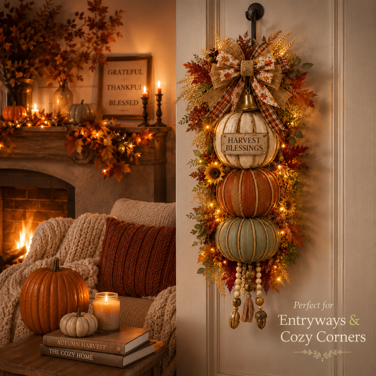 🏡🎃Lighted Stacked Pumpkin Door Decor – 3 Interchangeable Fall Signs