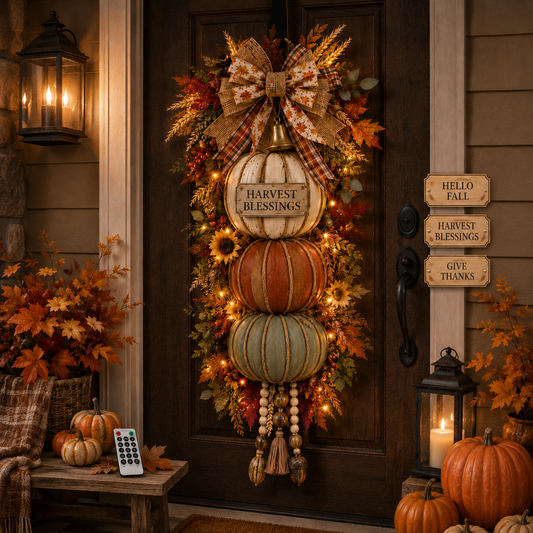 🏡🎃Lighted Stacked Pumpkin Door Decor – 3 Interchangeable Fall Signs